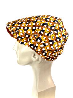 Funny cap in printed fabric with geometric motifs inspired by funk disco era from the 70s, in light and breathable fabric. The upper of the visor cap is made of chocolate brown natural leather. This detail contrast the front profile of the cap with the printed fabric in brown tones: beige, honey, orange, hazelnut and chocolate brown. Cut and sewn on the bias, this cap adapts very well to the head due to its original pattern. The interior is made of a very light cotton lining For its production w Cap For Man, Front Profile, Disco Funk, Disco Era, Pork Pie, Visor Cap, Geometric Motifs, Vintage Cap, Brown Brown