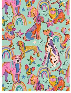 colorful dogs and rainbows on a blue background with stars, clouds, and hearts