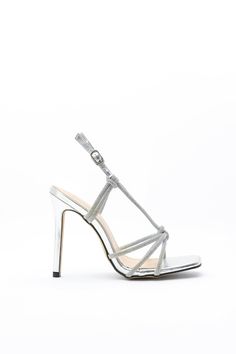 Silver High Heel Synthetic Sandals, Silver Sandals With Wrapped Heel, Silver Synthetic Heels With Wrapped Heel, Strappy Synthetic Heels With Cushioned Footbed, Strappy Heels With Cushioned Footbed, Silver Closed Toe Synthetic Sandals, Silver Closed-toe Synthetic Sandals, Silver Round Toe Synthetic Sandals, Silver Open Heel Synthetic Sandals