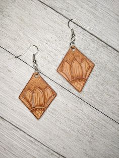 Earrings are lightweight and hand tooled from scratch. Finished product may vary slightly from the picture due to its handmade nature. Earrings are finished with silver earring hooks for easy wearing. Beige Leather Jewelry, Adjustable Beige Earrings For Everyday, Hand Tooled Brown Earrings For Everyday Wear, Brown Hand Tooled Everyday Earrings, Everyday Brown Faux Leather Jewelry, Brown Earrings For Everyday Use, Tooled Leather Earrings, Emily May, Country Rings