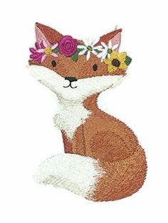 a fox with flowers on its head sitting down