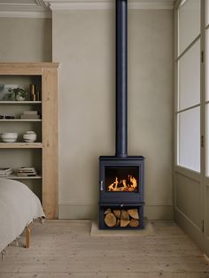 a wood burning stove in a bedroom next to a bed