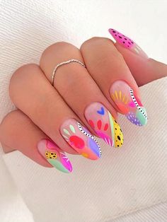 Multicolor  Collar   Geometric,Graphic,Plants Color Nails Embellished   Nail,Hand & Foot Care Spanish Theme Nails, Nails For Festival, Neon Floral Nails, Summer Beach Nails 2024, Cute Beach Nails Simple, Holiday Nails Summer Acrylic 2024, Summer Holiday Nails 2024, Nails Art 2024, Summer Art Nails