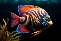 an orange and blue fish with black stripes on it's body in the water