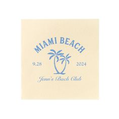 a white and blue coaster with a palm tree on the front that says,'miami beach tennis club '