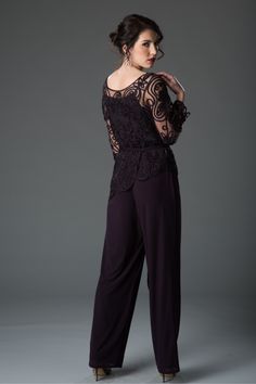 Soulmates 1604 Evening Asymmetrical Top with Pants Set. A stylish overlay boat neck asymmetrical bodice tunic with pants. Richly textured lace lends extra dimension to the clean-lined silhouette. 100% Polyester. Fully-lined. Dry Clean. Imported. Elegant Purple Pants, Elegant Purple Pants For Party, Elegant Lace Pants For Night Out, Bride Pant Suit, Tunic With Pants, Top With Pants, Cruise Party, Mother Of Groom Dresses, Pant Suits