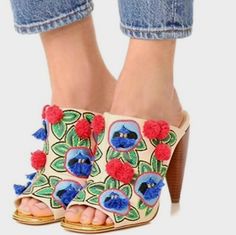 Super Cute Colorful Boho Embroidered Style With Pom Pom & Tassels. Come With Original Box. * Accept Reasonable Offer. Embroidered Leather, Tory Burch Shoes, Colorful Boho, Mule Clogs, Mules Shoes, Heeled Mules, Original Box, Tory Burch, Tassels