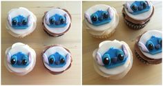 some cupcakes with blue frosting and white icing