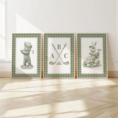 𝐋𝐮𝐬𝐡 𝐇𝐨𝐮𝐬𝐞 𝐒𝐞𝐭 𝐨𝐟 𝟑 𝐏𝐫𝐢𝐧𝐭𝐬 With the Golf Decor Wall Art Set of 3: add a personalized touch to your boy's room nursery room with custom monogram art, a personalized license plate showcasing your baby's birth month, and a baby bear playing golf. Choose from six color options--Beige, Pink, Navy, Baby Blue, Dark Green, and Sage Green -- and customize your art with one of our six border designs: Cane, Morph, Lattice, Fine Grid, Crosshatch, or Loose Stitch. This set is the perfect Baby Boy Wall Art, Above Crib Decor Boy, Sage Green Boy Nursery, Golf Themed Nursery Ideas, Golf Inspired Nursery, Golf Theme Nursery, Vintage Golf Nursery, Vintage Golf Nursery Baby Boy, Baby Boy Golf Nursery