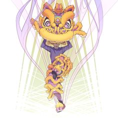 a drawing of an animal dressed up as a chinese lion dance costume with purple hair