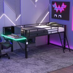 a room with a bed, desk and chair in it that is lit up by neon lights