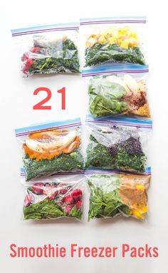 twelve freezer bags filled with different types of vegetables and meats, all labeled in numbers