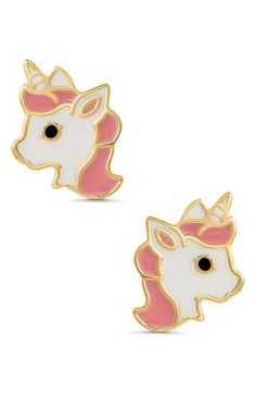 Add a whimsical touch to your little one's look with this pair of sweet unicorn earrings plated in 18-karat gold. Adult supervision strongly recommended; jewelry presents choking hazard and should be removed when infant or small child is unattended 1/4" square Surgical steel post back 18k-gold plate/enamel Imported Kids' Wear Item ships in a gift box Cute Gold Huggie Jewelry, Playful Gold Hypoallergenic Jewelry, Playful Hypoallergenic Gold Jewelry, Playful Gold Earrings, Playful Gold Earrings For Gift, Playful Gold Earrings As A Gift, Playful Gold Hypoallergenic Earrings, Playful Hypoallergenic Gold Earrings, Cute White Huggie Jewelry