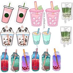 various drinks in glass bottles with straws