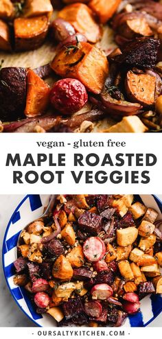 maple roasted root vegetables with thyme and pecans in a blue and white bowl