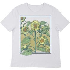 Celebrate your favorite flowers in style with this Sunflower Frame tee. The shirt features an image of sunflowers growing in front of a window frame. The tee comes in a white short sleeve crew neck. Sunflower fans will love this comfy cotton tee. Sunflowers Growing, Sunflower Frame, Sunflower Images, City Shorts, Sleeve Packaging, Favorite Flowers, Window Frame, Walking In Nature, Sleeves (women)