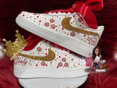 These beautiful sneakers can be customized for your Quinceañera, Sweet 16, weddings, or any event that you can think of! ⭕️IF YOU HAVE PICTURES FOR REFERNECE PLEASE SEND THEM OVER⭕️ 🖤 The shoes will have personalized name, date, a Crown, as well as a "Mis Quince Años", "Sweet 16", or if you'd like something else please send a message.  🖤The shoes are blinged out with Rhinestones on the swoosh, as well as scattered throughout the sides and top of the shoe.  🖤Pearls will also be scattered aroun Quinceanera Shoes Heels, Quinceañera Shoes, Sweet 16 Shoes, Quince Shoes, Quinceanera Shoes, Birthday Shoes, Mexican Quinceanera, Nikes Shoes, Mexican Quinceanera Dresses