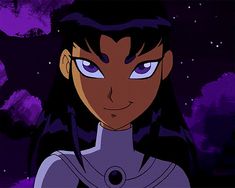 an animated image of a woman with blue eyes and black hair, standing in front of purple clouds