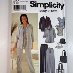 Simplicity 7182 Easy To Sew Misses Pants Shirt Top Hat Bag Size 8 - 14 UNCUT | eBay Women's Sewing Pattern, Loose Fitting Pants, Hat Bag, Easy To Sew, Simplicity Sewing, Simplicity Sewing Patterns, Simple Shirts, Simple Bags, Pants Pattern