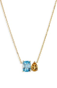 Nestled pendants of blue topaz and yellow citrine add a pop of color to this elegant chain necklace handcrafted from polished 14-karat gold. 16" length; 2" extender; 3/8" square pendant   14k gold/topaz/yellow citrine   Imported   Certified member of the Responsible Jewellery Council (RJC), which sets standards for supply chain integrity and sustainability throughout the global jewelry and watch industries Topaz Jewelry Yellow, Fine Jewelry Yellow Gold Topaz Necklace, Gold Necklace With Blue Topaz Briolette, Gold Briolette Blue Topaz Necklace, Yellow Gold Topaz Necklace Fine Jewelry, Yellow Gold Topaz Gemstone Necklaces, Yellow Gold Topaz Gemstone Necklace, Gold Topaz Necklace In Fine Jewelry Style, Yellow Gold Necklaces With Topaz Birthstone