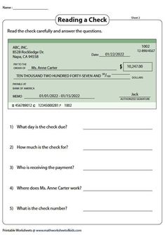 the worksheet for reading a check is shown in this file, which contains information about