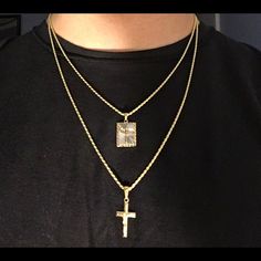 Both Are Real 14k Gold Bonded To Solid .925 Silver! Gold Chain 14k Gold Vermeil Rope Chains With Jesus Square And Cross Set Made In Italy! Includes Both Sets! Durable Tarnish Resistant Coating. Can Be Worn In Water Or Shower Gold Vermeil Is A Layer Of Real 14k Gold Over .925 Sterling Silver. It Is More Valuable And Durable Then Regular Plating. Can Last For Years! High Quality And Durable. Has Good Weight To It. Jewelry Box Included Ships Within The Same Or 1 Day Delivered In 2-3 Business Days Finding Style, Gold Rope Chains, Gold Bond, Cross Chain, Mens Accessories Jewelry, Mens Gold, Chains For Men, Rope Chain, In Water