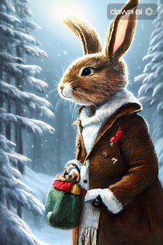 a painting of a rabbit dressed as a person holding a bag in front of snow covered trees