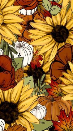 sunflowers and autumn leaves are arranged in this seamless pattern, which is perfect for wallpaper or fabric