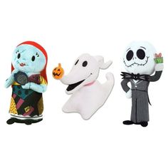 three stuffed toys that are in the shape of ghost and jack - o'- lantern