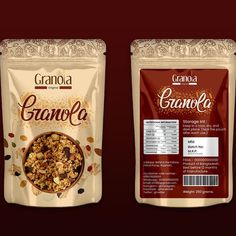 two bags of granola sitting side by side next to each other on a red background