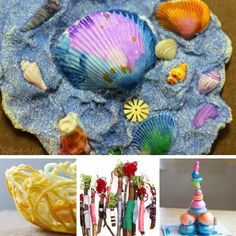 there are several different pictures with shells and other things to make them look like seashells