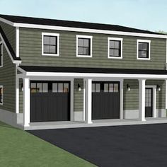 a two car garage with three windows on the front and second story is shown in this rendering