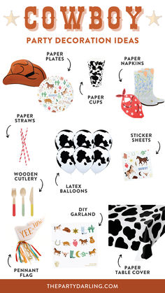 A collage of western party supplies from The Party Darling to plan a rodeo party for a little cowboy Bandana Decor, Wild West Party Theme, Cowboy Birthday Party Decorations, Cowboy Party Decorations, Cowboy First Birthday