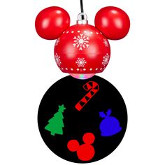 a mickey mouse ornament hanging from a hook on a christmas tree decoration pole