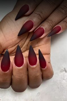 Red And Black Witch Nails, Red To Black Nails Ombre, Blood Tipped Nails, Red Oval Nails Designs, Hades And Persephone Inspired Nails, Gel Nail Color Combinations, Black And Red Nails Design Ideas, October Stilleto Nails, Fall Nails Spooky