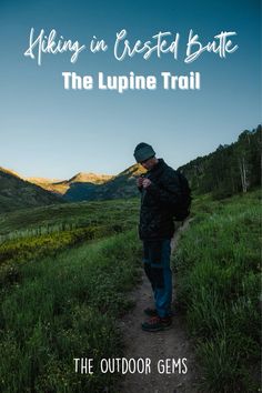 a man standing on top of a lush green field next to a dirt road with the words hiking in crested butte the lupine trail