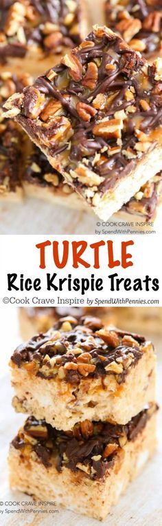 turtle rice krispie treats stacked on top of each other