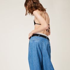 Washed denim Classic fit Low-rise waist Zipper fly Tonal top-stitching Angled front slash pocket Back welt pockets Pleats Embroidered logo Chic Fitted Miu Miu Bottoms, Casual Miu Miu Bottoms With Pockets, Miu Miu Fitted Casual Bottoms, Chic Miu Miu Spring Bottoms, Casual Fitted Miu Miu Bottoms, Chic Miu Miu Bottoms For Spring, Chic Spring Bottoms By Miu Miu, Flare Jeans In Denim Blue With Belt Loops, Miu Miu Spring Bottoms With Pockets