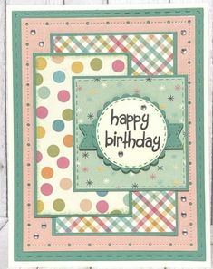 a birthday card with polka dots and a happy birthday sign on the front, in pastel colors