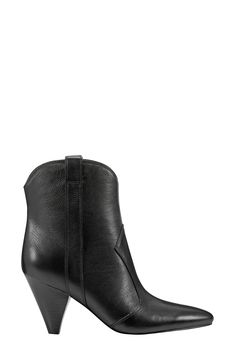 A curved topline and side pull-tabs underscore the Western inspiration behind this rich leather bootie elevated by a cone heel. 3 1/2" heel (size 8.5) 5" shaft Leather upper/synthetic lining and sole Imported Western Inspiration, Western Booties, Marc Fisher, Leather Booties, Bootie, Nordstrom Rack, Leather Upper, Nordstrom, Heels