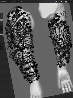 a black and white photo of some tattoos on someone's arm, both with their hands