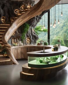 a spiral staircase in the middle of a room with green plants on it and lights hanging from the ceiling