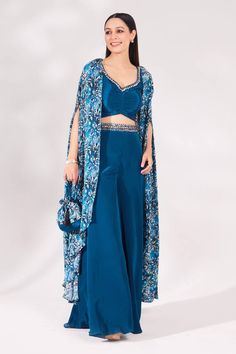 Teal blue shrug with floral print. Paired with cutdana, sequin, bead embellished padded top and palazzo. Comes with matching bag. - Aza Fashions Blue Shrug, Top And Plazo, Floral Cape, White Cape, Palazzo Set, Padded Top, Beaded Neckline, Top Pattern, Set For Women