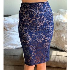 Brand New, Never Been Worn -With Tags! Fora Navy Floral Lace Pencil Skirt, Size Medium. It’s High Waisted. Navy Blue Floral Lace Overlay, With Nude Lining. Stretchy Material. Zips Up In The Back. I Bought This From Angl. Super Pretty! *I’m 5’7”, So The Skirt Comes A Little Below My Knees.* Made Of 100% Polyester Blue Knee-length Pencil Skirt For Party, Knee-length Blue Bottoms For Party, Blue Summer Pencil Skirt, Elegant Blue Pencil Skirt For Party, Blue Party Pencil Skirt With Lining, Elegant Blue Lace Bottoms, Blue Fitted Mini Pencil Skirt, Fitted Blue Mini Pencil Skirt, Fitted Lace Pencil Skirt