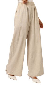 A wide-leg silhouette amplifies the everyday ease of lightweight woven pants that deliver effortless sophistication. Elastic waist Side-seam pockets Unlined 70% viscose, 30% linen Hand wash, line dry Imported Beige Linen Wide-leg Pants, Beige Wide-leg Pants With Elastic Waistband, Chic Cream Linen Wide Leg Pants, Beige Ankle-length Pants With Elastic Waistband, Beige Wide Leg Pants With Elastic Waistband, Casual Cream Wide Leg Pants, Wide-leg Flax Bottoms For Loungewear, Wide Leg Flax Bottoms For Loungewear, Cream Linen Wide Leg Pants For Spring