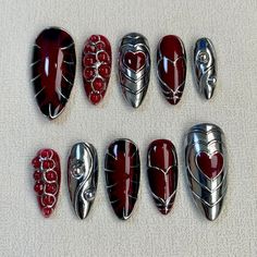 Press On Nails | Global Shipping Red Grey Nails Design, Gold Red Black Nails, 3d Goth Nails, Medium Length Goth Nails, Stargirl Nails Red, Red And Black Nails Heart, Black And Red Gel Nails, Dark Color Nails Design, Red Black Silver Nails