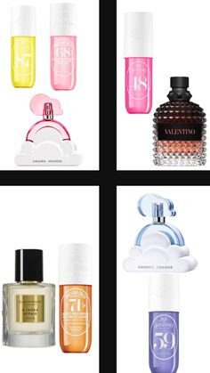 four different types of perfumes are shown in the same square pattern, each with an individual's name on it