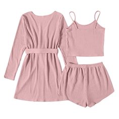 The high-quality, hand-crafted feathered 3pc Lace Satin Pajamas with Silk Robe set is a must-have for any fashionista who wants to feel like royalty at home. The set includes a robe, matching shorts and a matching top. This set is perfect for lounging around the house, or for sleeping. It is also an excellent gift for someone who loves comfort. This 3 piece pajamas set is all you need to help relax at home. They are soft and easy to touch which projects versatility and effortless grace in every Knit Lounge Set, Cotton Pajamas Women, Belted Robe, Cute Pajama Sets, Pajamas Comfy, Cute Pajamas, Top And Pants Set, Matching Pajamas, Womens Pyjama Sets