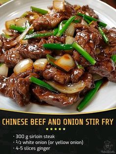 an advertisement for chinese beef and onion stir fry on a white plate with green onions