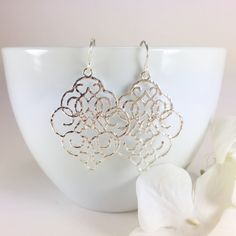 "Large Filigree Earrings, Gold Silver Rose Gold Earrings, Hammered Earrings, Medallion Earrings, Statement Earrings, Moroccan Earrings, Dangle Earrings, Drop Earrings, Filigree Pendant Earrings, Wedding Bridal Earrings Composed of large gold/silver/rose plated hammered moroccan filigree pendant hung from oval copper ear wires. Dangle length is 2\" from top of ear wire. Discount for multiple (3 pair or more) bridal party orders. CUSTOM REQUESTS ARE ALWAYS WELCOMED! ● Would you prefer a different Elegant Hypoallergenic Metal Flower Earrings, Silver Teardrop Flower Earrings For Party, Elegant Hypoallergenic Silver Flower Earrings, Rose Gold Filigree Drop Earrings, Rose Gold Dangle Flower Earrings In Sterling Silver, Rose Gold Sterling Silver Dangle Flower Earrings, Silver Flower Earrings With Ear Wire For Party, Silver Sterling Bridal Earrings With Ear Wire, Sterling Silver Bridal Earrings With Ear Wire